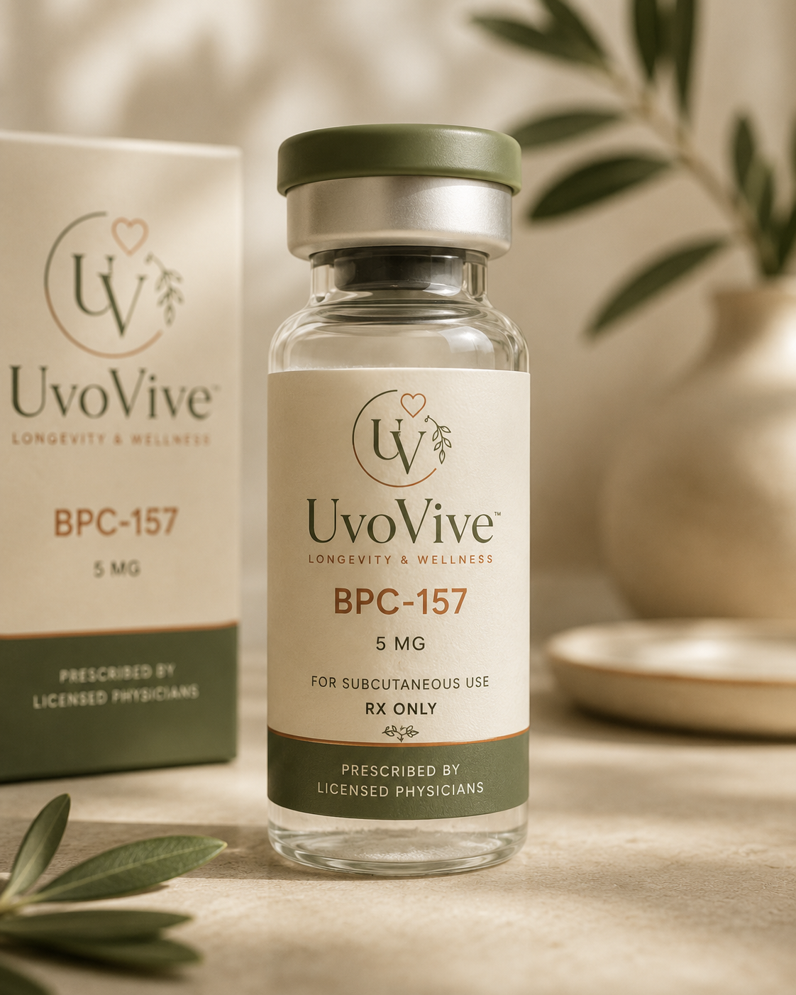 UvoWell peptide vial with olive cap and cream label